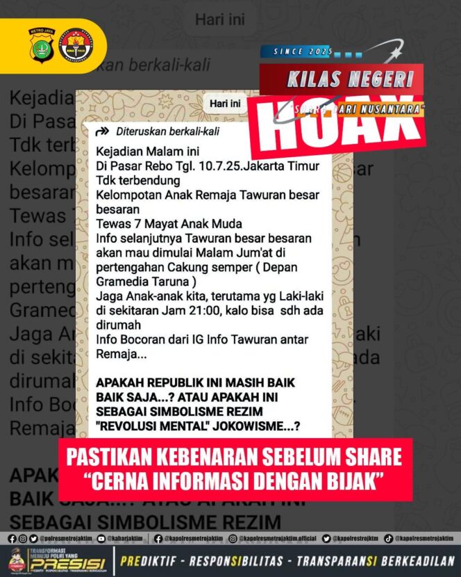 
Polisi Klarifikasi Isu Tawuran Massal dan 7 Remaja Tewas di Jakarta Timur: Dipastikan Hoaks