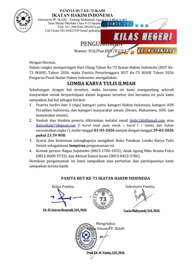 
HUT ke-73 IKAHI, Lomba LKTI Dorong Literasi Hukum